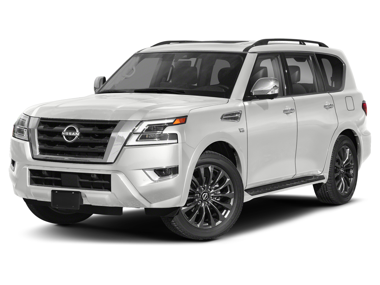 2022 Nissan Armada Platinum in Aspen White Tricoat Pearl — front three-quarter view