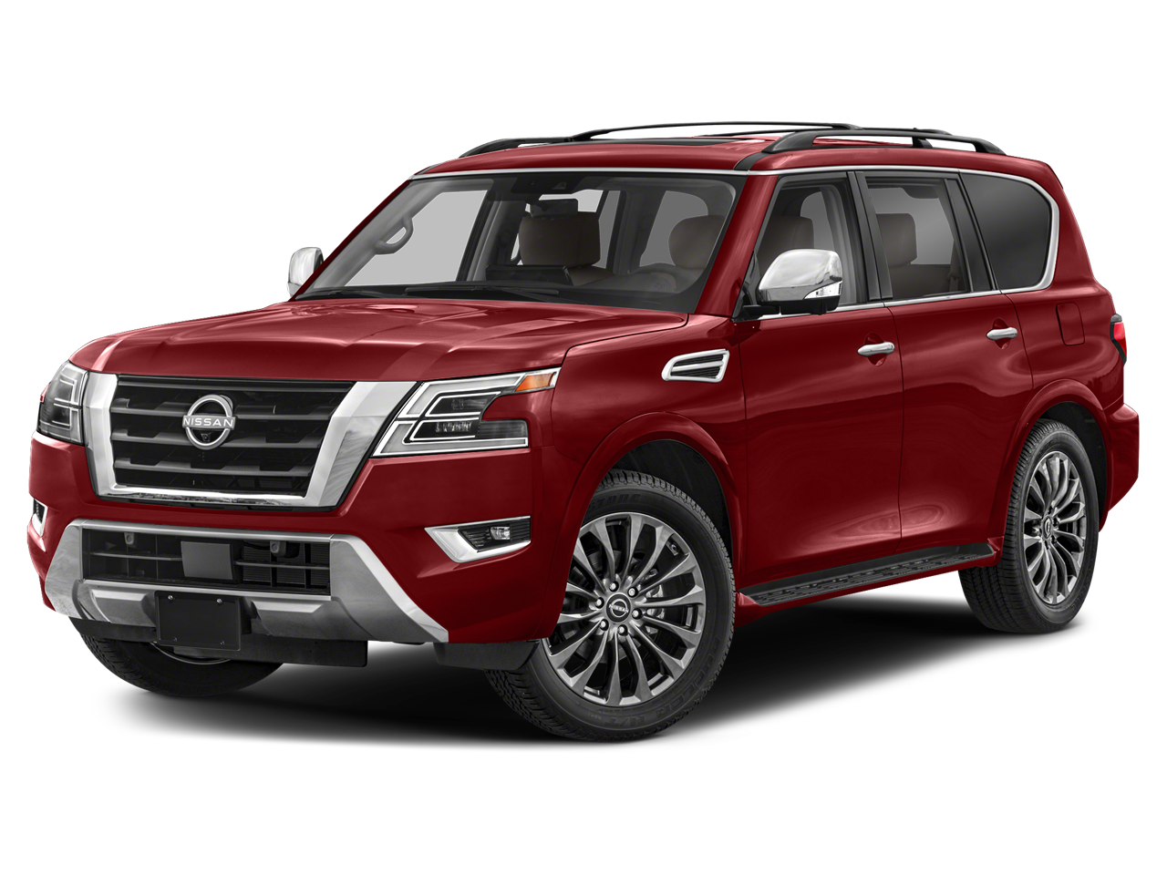 2023 Nissan Armada Platinum in Coulis Red Pearl — front three-quarter view