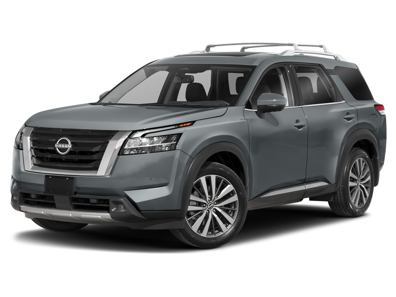2024 Nissan Pathfinder Platinum in Boulder Gray Pearl — front three-quarter view