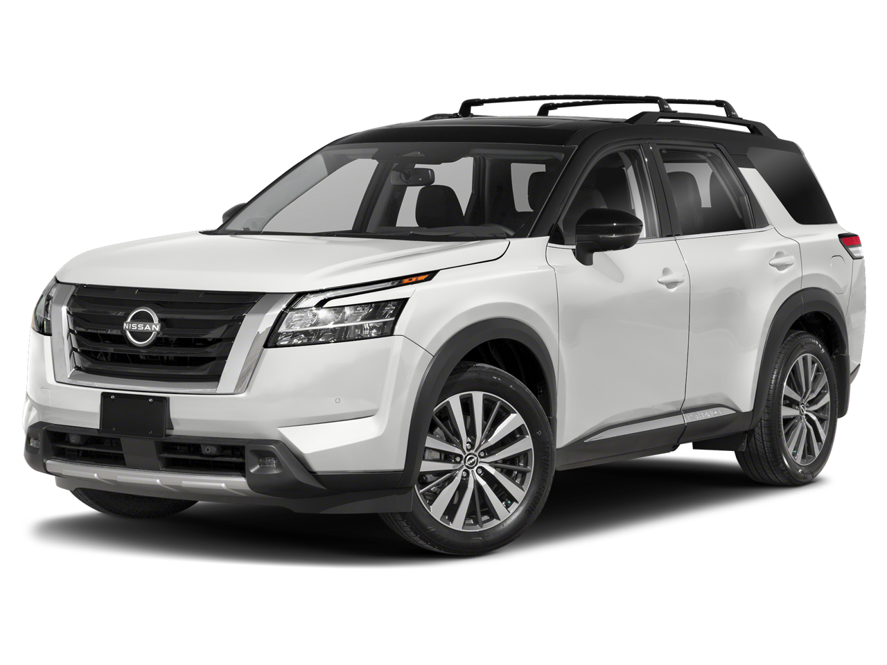 2024 Nissan Pathfinder Platinum in Pearl White Tricoat/Super Black — front three-quarter view
