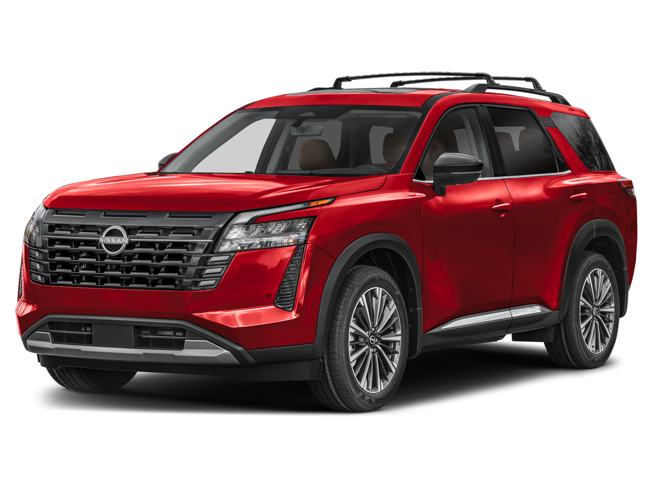 2026 Nissan Pathfinder Platinum 4WD in Scarlet Ember Tintcoat — front three-quarter view