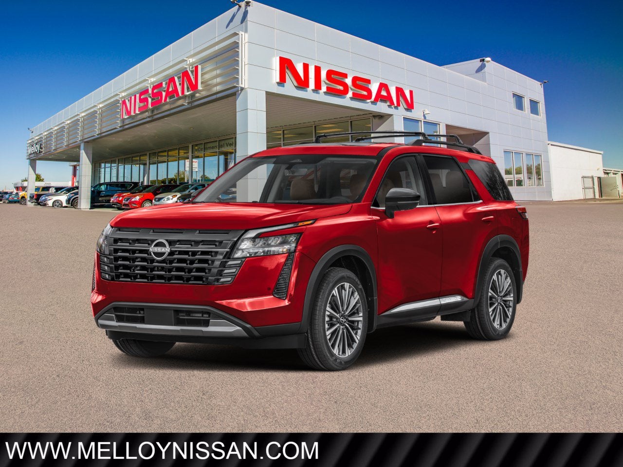 2026 Nissan Pathfinder Platinum 4WD in Scarlet Ember Tintcoat — front three-quarter view