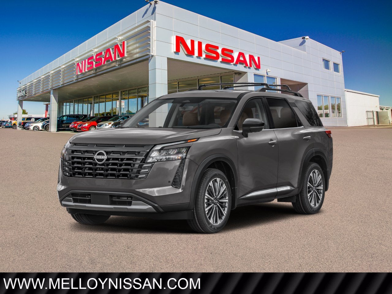2026 Nissan Pathfinder Platinum 4WD in Gun Metallic — front three-quarter view